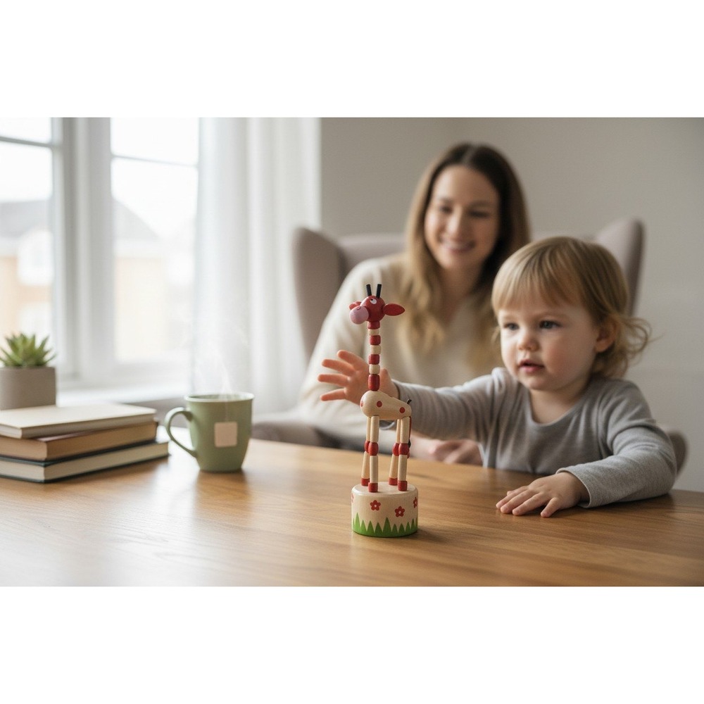 World Market Wooden Giraffe Toy Kids OS Red Brand New Push Button Puppet